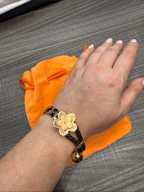 Folli Follie Black Braided Leather Bracelet with Gold Flower Accent